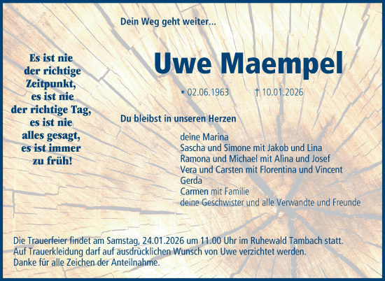 Traueranzeige von Uwe Maempel von Neue Presse Coburg