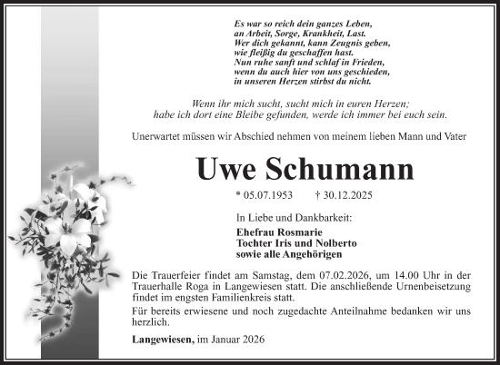 Traueranzeige von Uwe Schumann von Südthüringer Presse