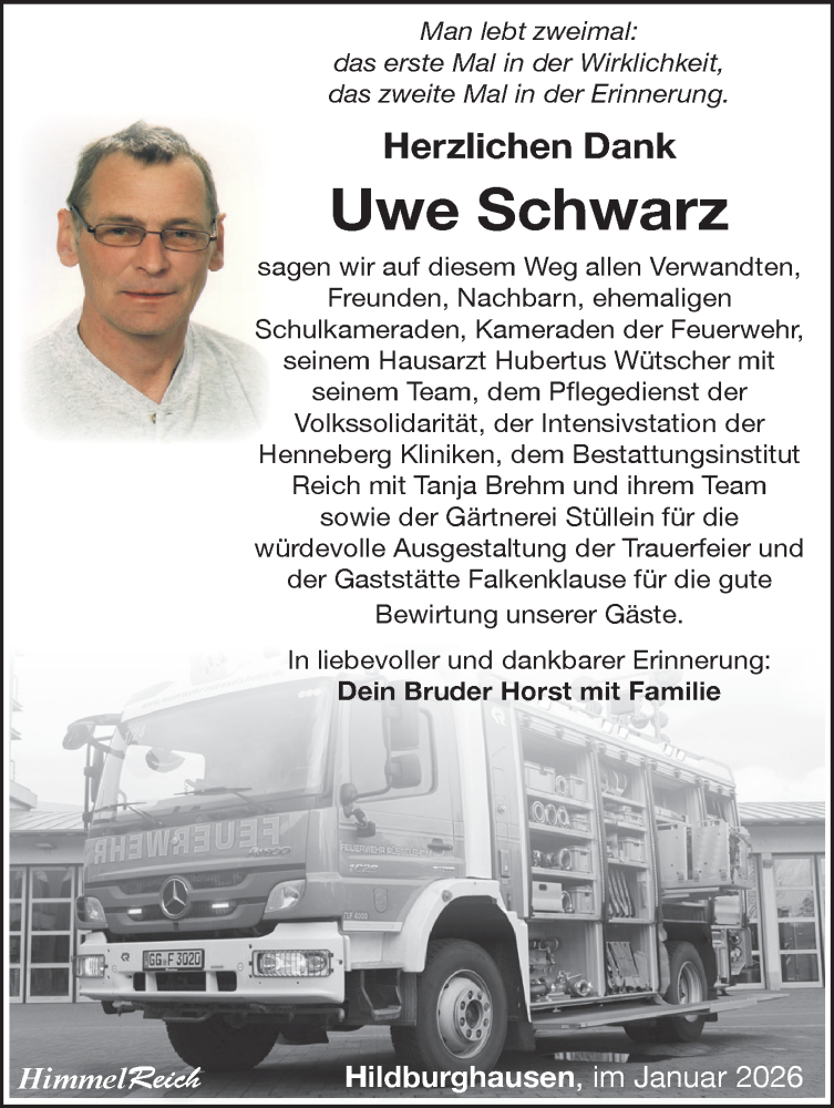 Traueranzeige für Uwe Schwarz vom 17.01.2026 aus Südthüringer Presse