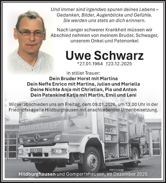 Traueranzeige von Uwe Schwarz von Südthüringer Presse