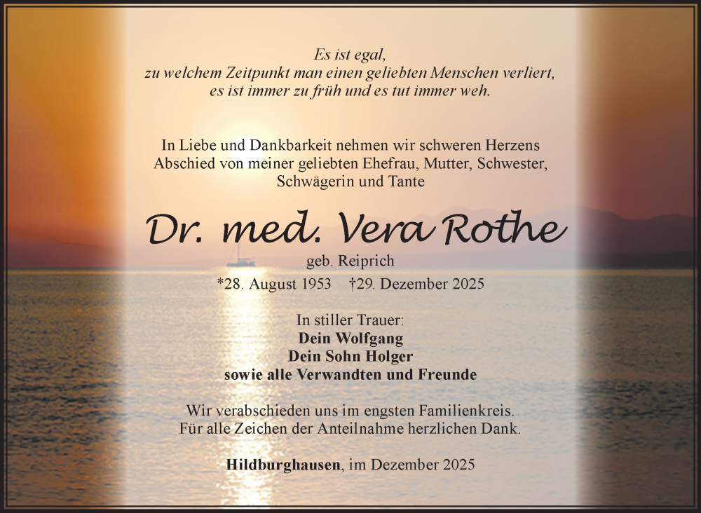  Traueranzeige für Vera Rothe vom 03.01.2026 aus Südthüringer Presse