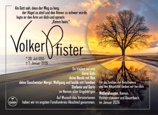 Traueranzeige von Volker Pfister von Südthüringer Presse