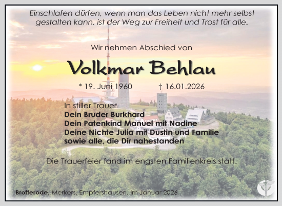 Traueranzeige von Volkmar Behlau von Südthüringer Presse