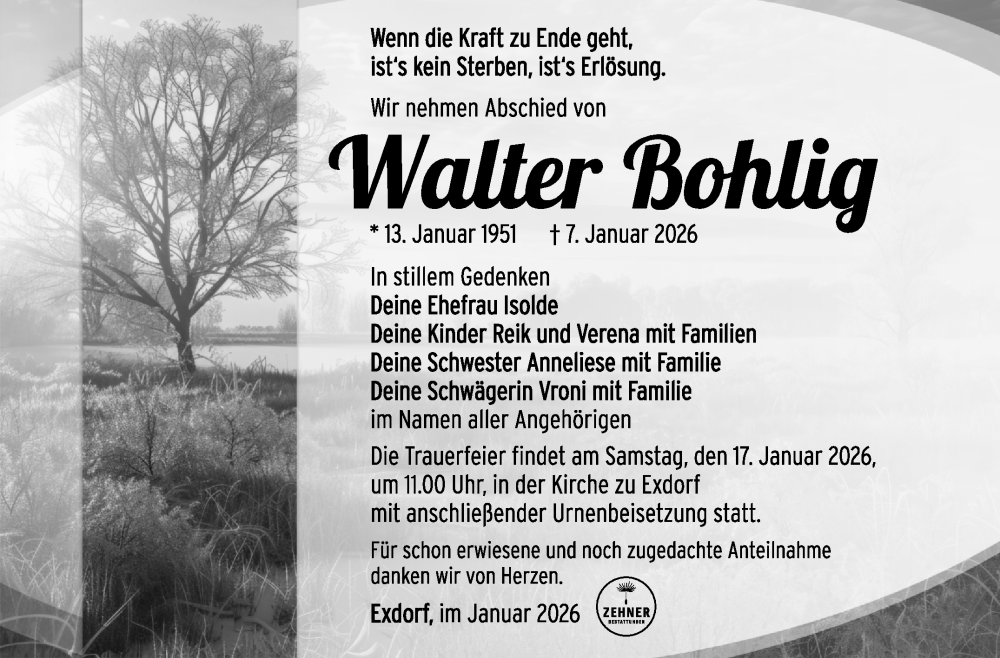  Traueranzeige für Walter Bohlig vom 13.01.2026 aus Südthüringer Presse