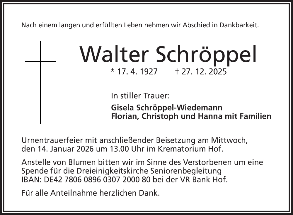  Traueranzeige für Walter Schröppel vom 10.01.2026 aus Frankenpost