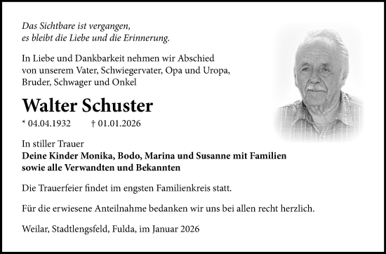 Traueranzeige von Walter Schuster von Südthüringer Presse