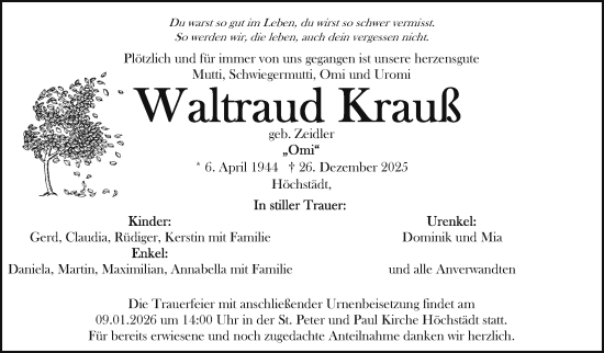 Traueranzeige von Waltraud Krauß von Frankenpost