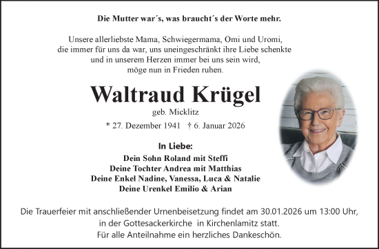 Traueranzeige von Waltraud Krügel von Frankenpost