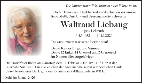 Traueranzeige von Waltraud Liebaug von Südthüringer Presse