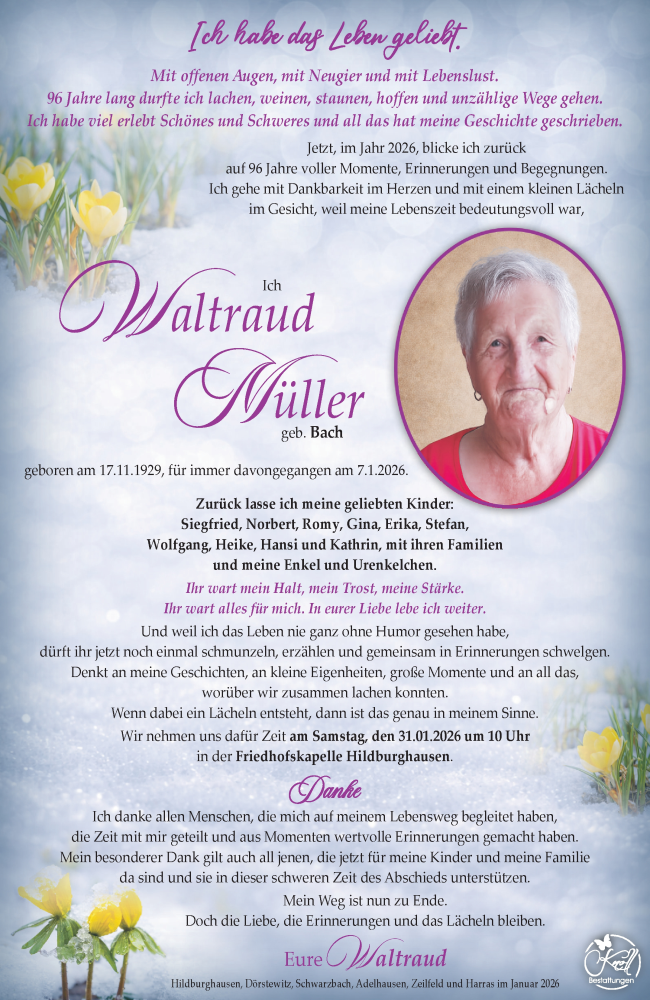 Traueranzeige für Waltraud Müller vom 24.01.2026 aus Südthüringer Presse