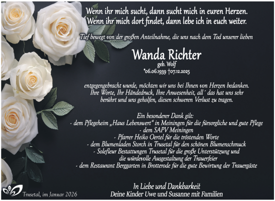 Traueranzeige von Wanda Richter von Südthüringer Presse