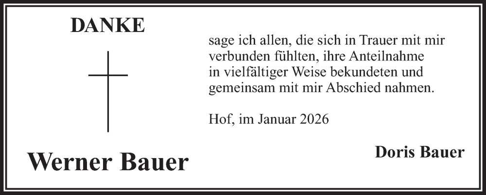  Traueranzeige für Werner Bauer vom 10.01.2026 aus Frankenpost