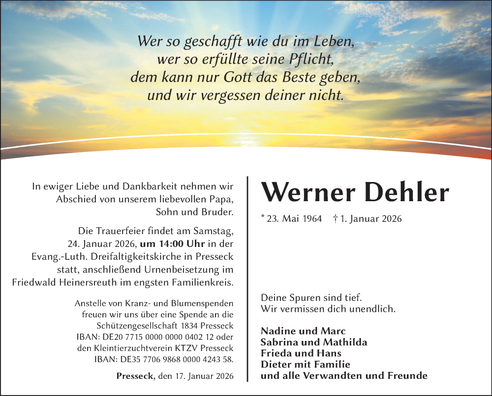  Traueranzeige für Werner Dehler vom 17.01.2026 aus Frankenpost