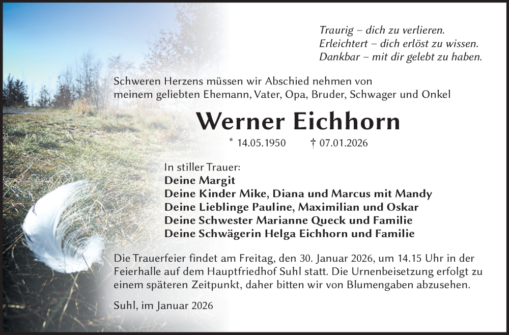  Traueranzeige für Werner Eichhorn vom 17.01.2026 aus Südthüringer Presse