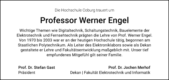 Traueranzeige von Werner Engel von Neue Presse Coburg