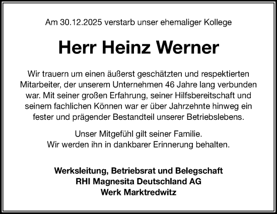 Traueranzeige von Werner Heinz von Frankenpost