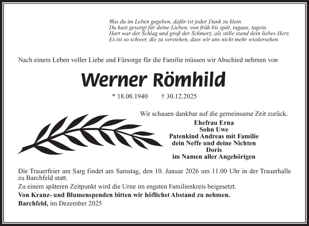  Traueranzeige für Werner Römhild vom 08.01.2026 aus Südthüringer Presse