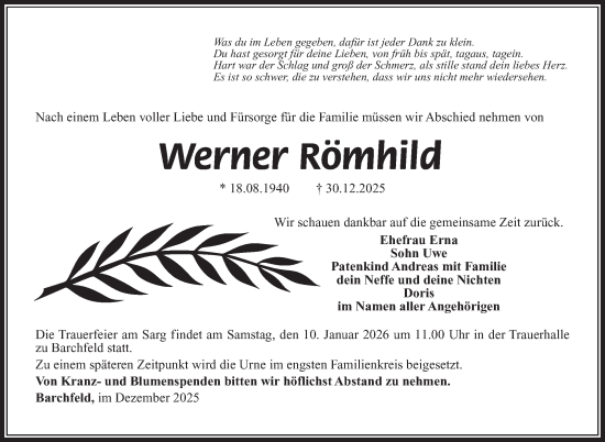 Traueranzeige von Werner Römhild von Südthüringer Presse