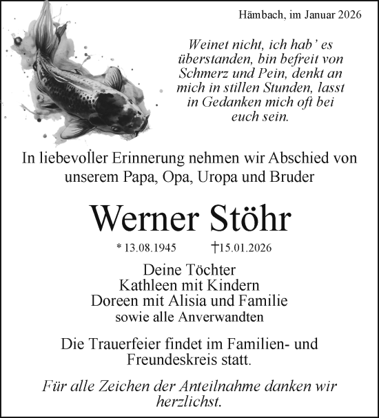 Traueranzeige von Werner Stöhr von Südthüringer Presse