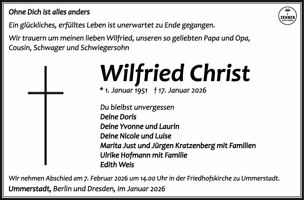  Traueranzeige für Wilfried Christ vom 31.01.2026 aus Südthüringer Presse