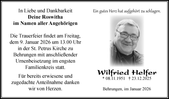 Traueranzeige von Wilfried Helfer von Südthüringer Presse
