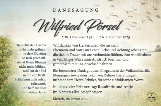 Traueranzeige von Wilfried Pörsel von Südthüringer Presse