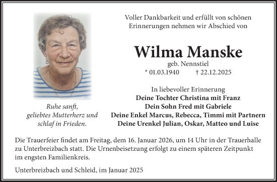 Traueranzeige von Wilma Manske von Südthüringer Presse