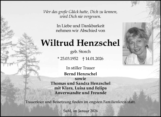 Traueranzeige von Wiltrud Henzschel von Südthüringer Presse