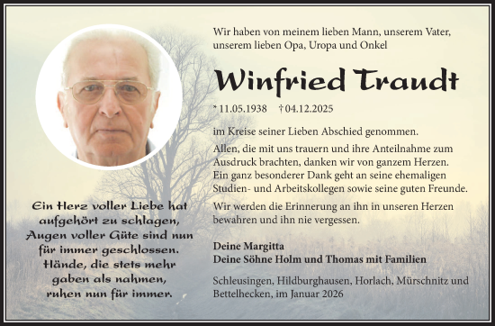 Traueranzeige von Winfried Traudt von Südthüringer Presse