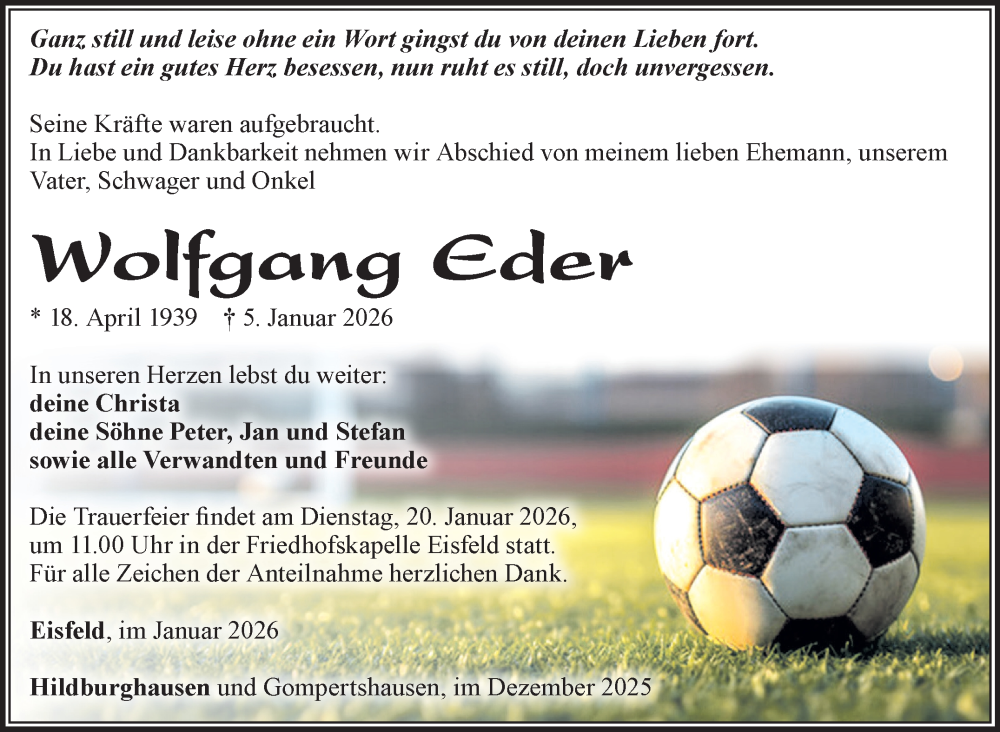  Traueranzeige für Wolfgang Eder vom 17.01.2026 aus Südthüringer Presse