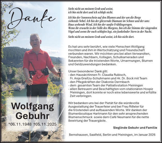 Traueranzeige von Wolfgang Gebuhr von Südthüringer Presse