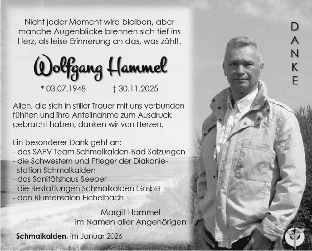  Traueranzeige für Wolfgang Hammel vom 17.01.2026 aus Südthüringer Presse