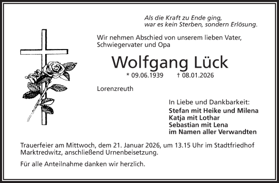 Traueranzeige von Wolfgang Lück von Frankenpost