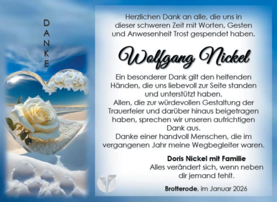 Traueranzeige von Wolfgang Nickel von Südthüringer Presse