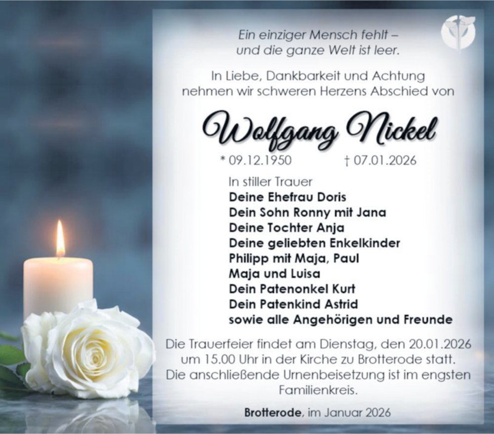  Traueranzeige für Wolfgang Nickel vom 15.01.2026 aus Südthüringer Presse