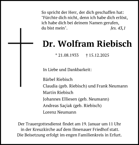 Traueranzeige von Wolfgang Riebisch von Südthüringer Presse