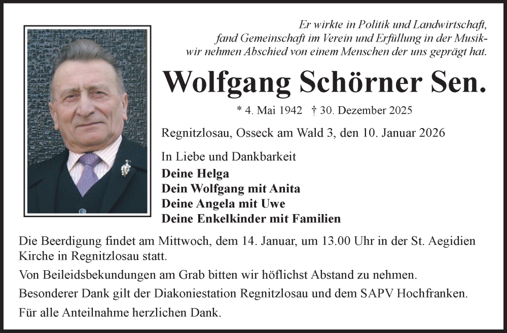  Traueranzeige für Wolfgang Schörner vom 10.01.2026 aus Frankenpost