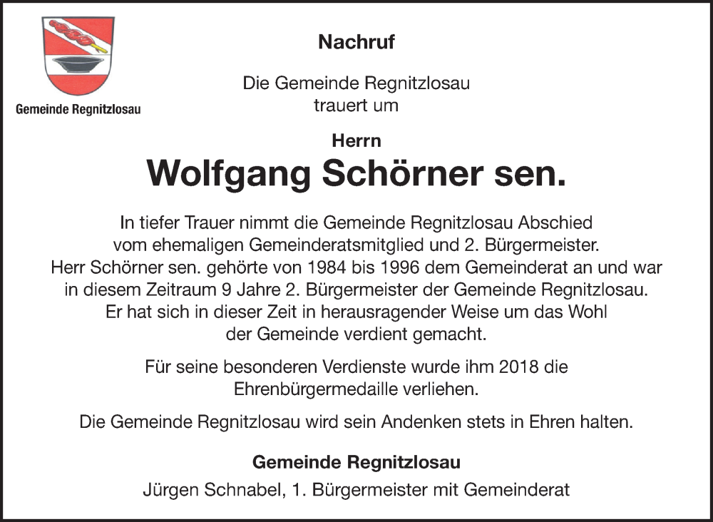  Traueranzeige für Wolfgang Schörner vom 15.01.2026 aus Frankenpost