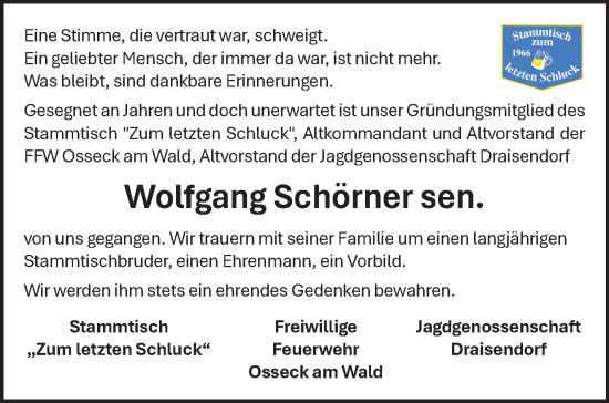 Traueranzeige von Wolfgang Schörner sen. von Frankenpost