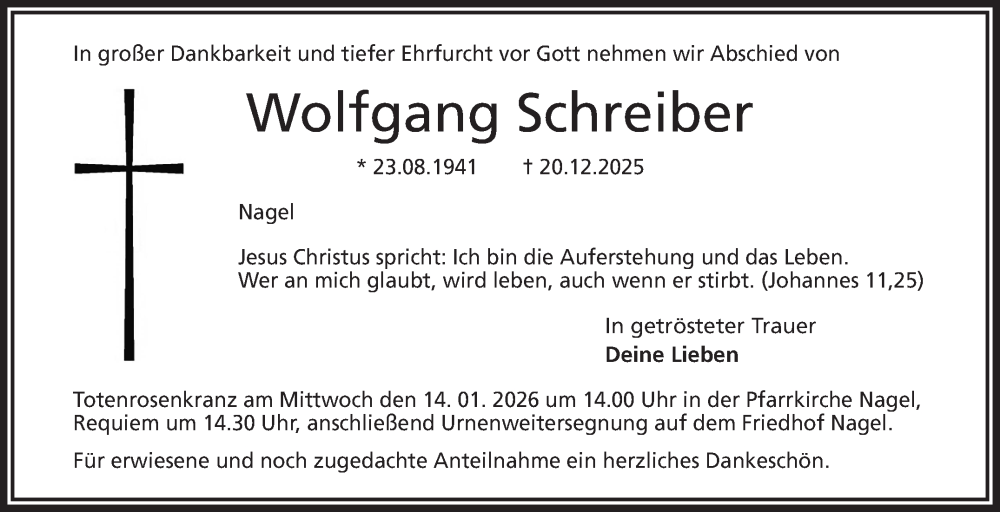  Traueranzeige für Wolfgang Schreiber vom 10.01.2026 aus Frankenpost