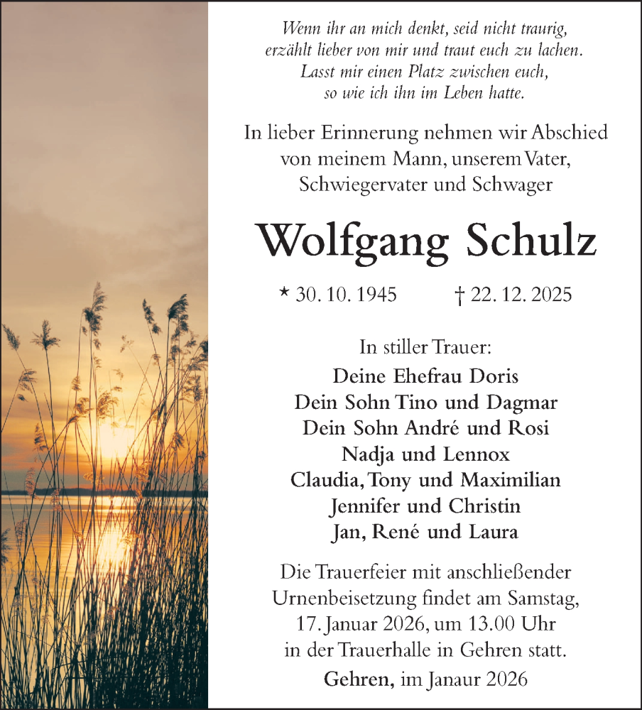  Traueranzeige für Wolfgang Schulz vom 14.01.2026 aus Südthüringer Presse