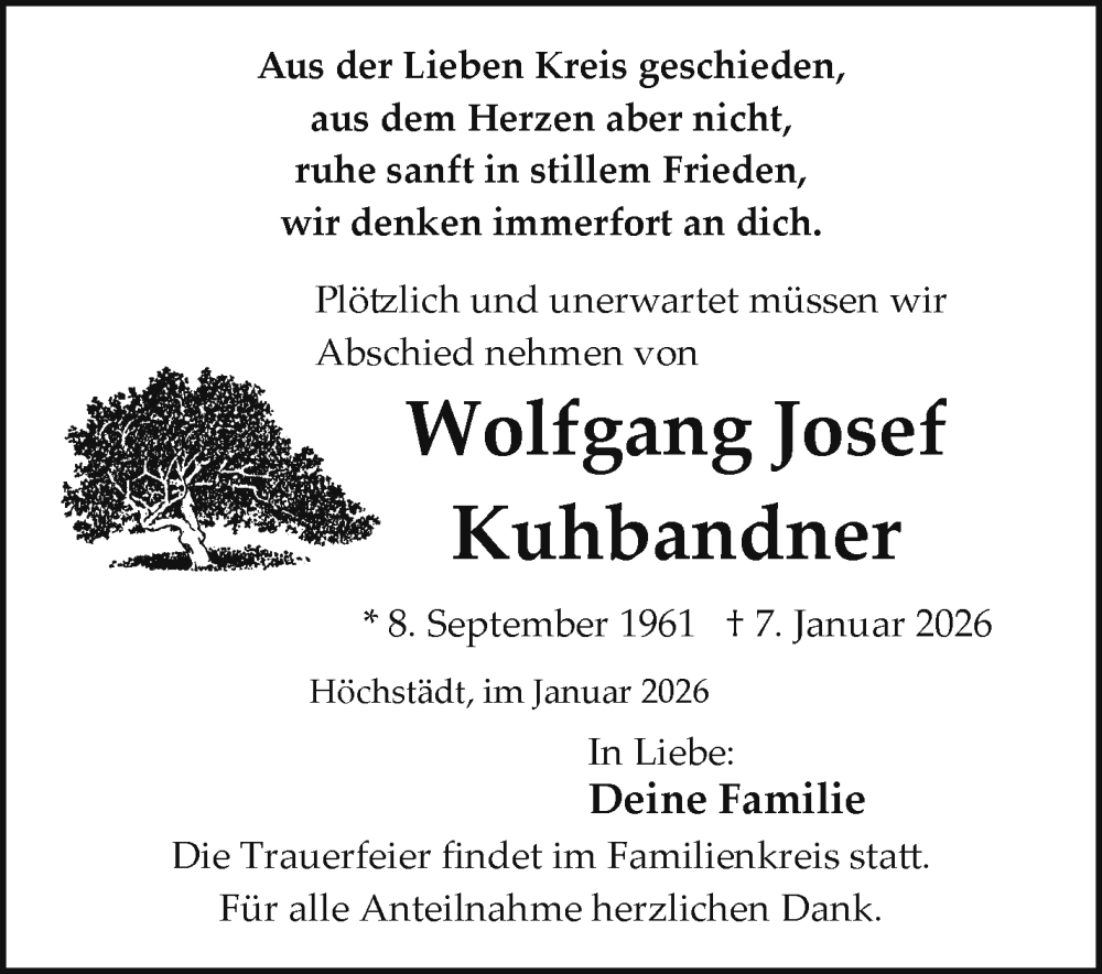 Traueranzeige für Wolfgang Josef Kuhbandner vom 21.01.2026 aus Frankenpost
