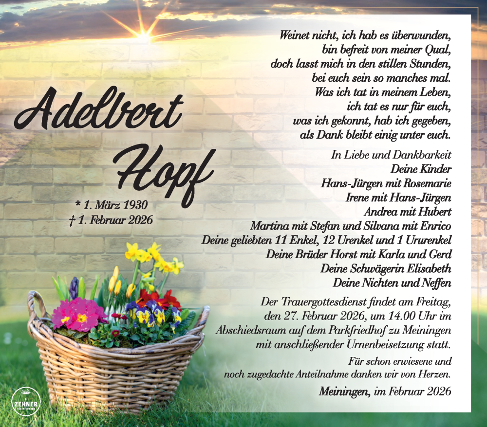  Traueranzeige für Adelbert Hopf vom 21.02.2026 aus Südthüringer Presse