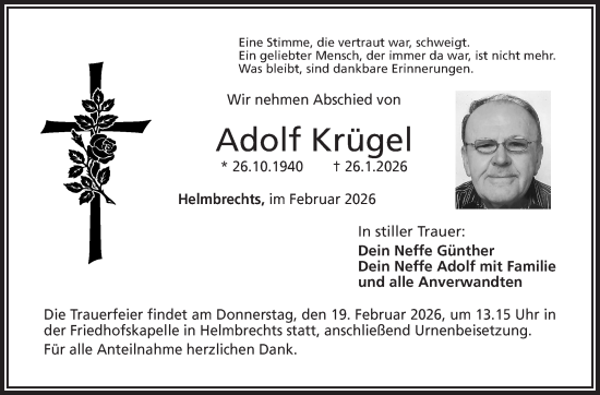 Traueranzeige von Adolf Krügel von Frankenpost