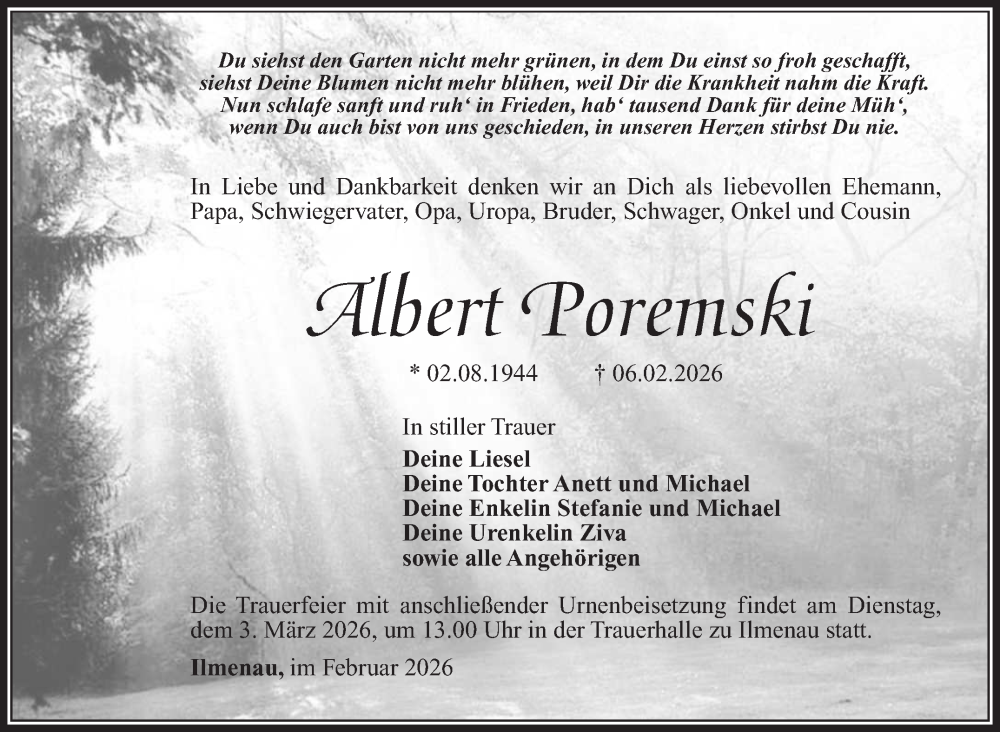  Traueranzeige für Albert Poremski vom 21.02.2026 aus Südthüringer Presse