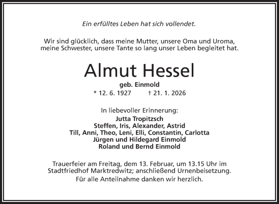 Traueranzeige von Almut Hessel von Frankenpost