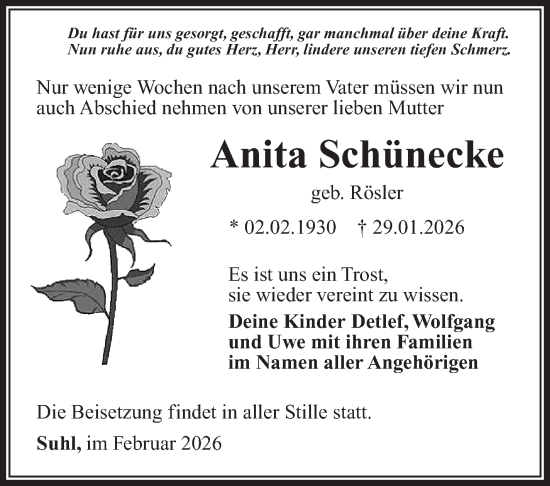 Traueranzeige von Anita Schünecker von Südthüringer Presse