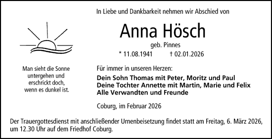 Traueranzeige von Anna Hösch von Neue Presse Coburg