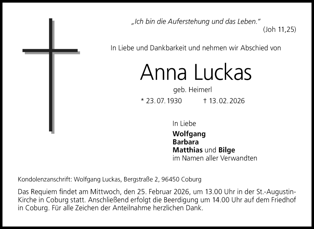  Traueranzeige für Anna Luckas vom 21.02.2026 aus Neue Presse Coburg