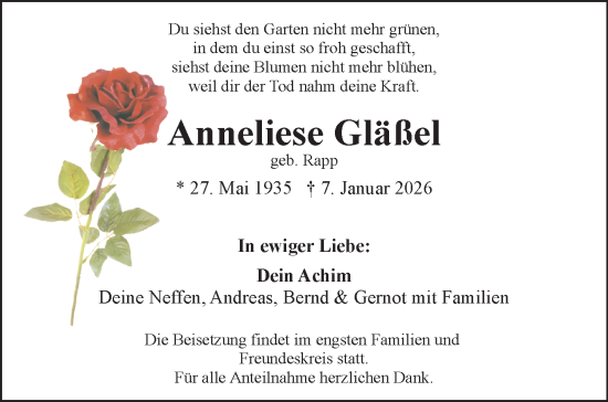 Traueranzeige von Anneliese Gläßel von Frankenpost